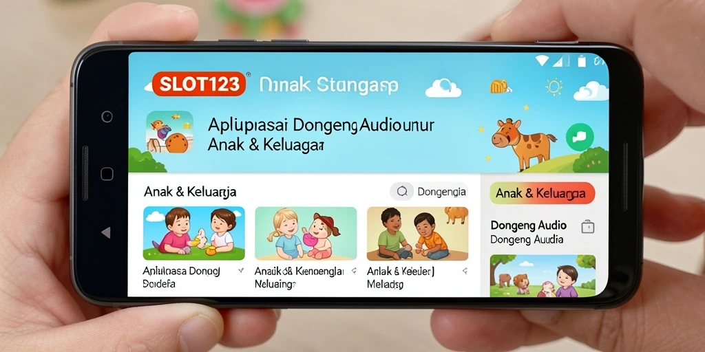 Antarmuka aplikasi SLOT123 menampilkan pilihan cerita audio yang menarik.